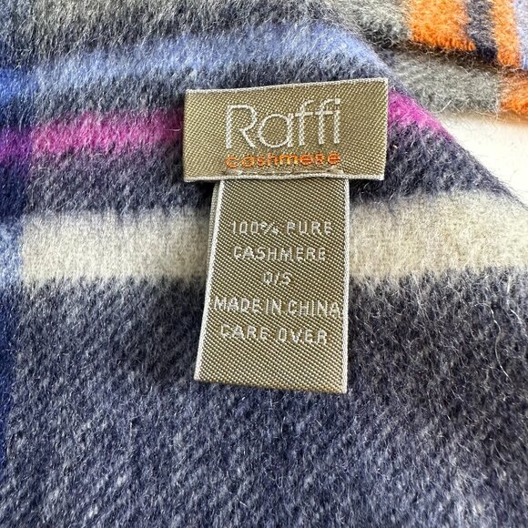 RAFFI  100% Cashmere Plaid Fringe Scarf, Multi-Color Blue | 12.5" x 68" - Picture 3 of 4
